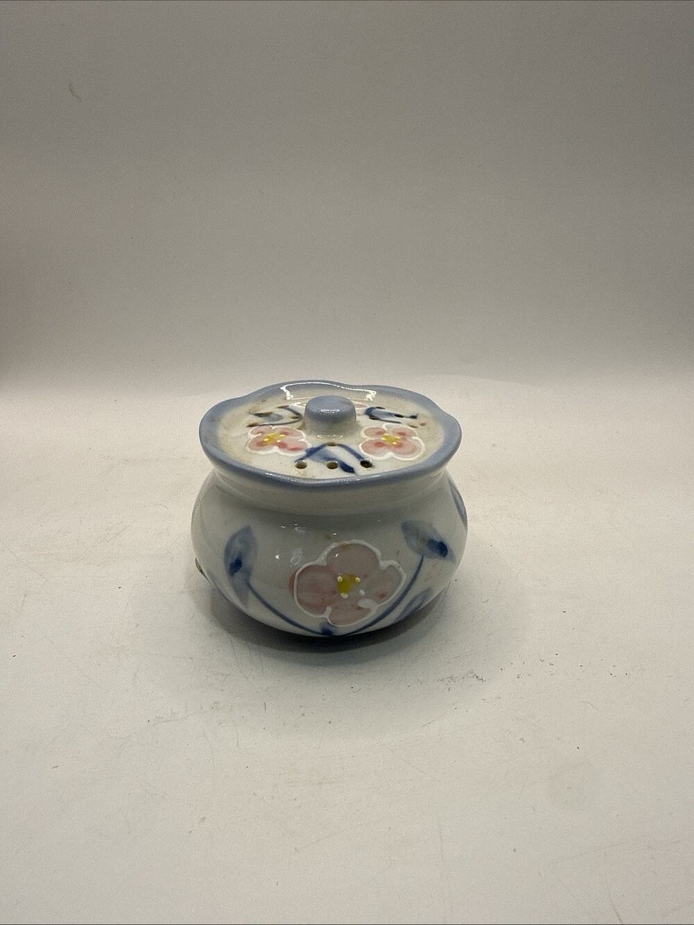 Vintage Porcelain Flower Frog Vase Pink Blue Floral Pierced Lid 3.25” *